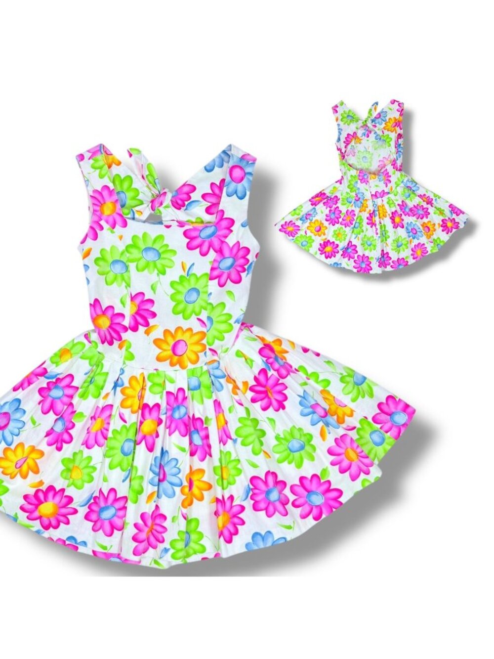Vintage Y2K Girls Hot Pink + Green Bright Floral Print Backless Twirl Dress 7